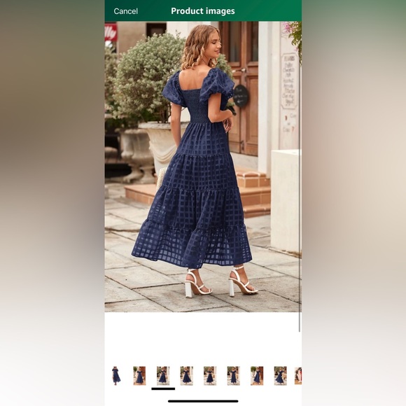 PRETTYGARDEN Puffy Short Sleeve Square Neck Smocked Tiered A Line Midi Dress - Picture 3 of 4